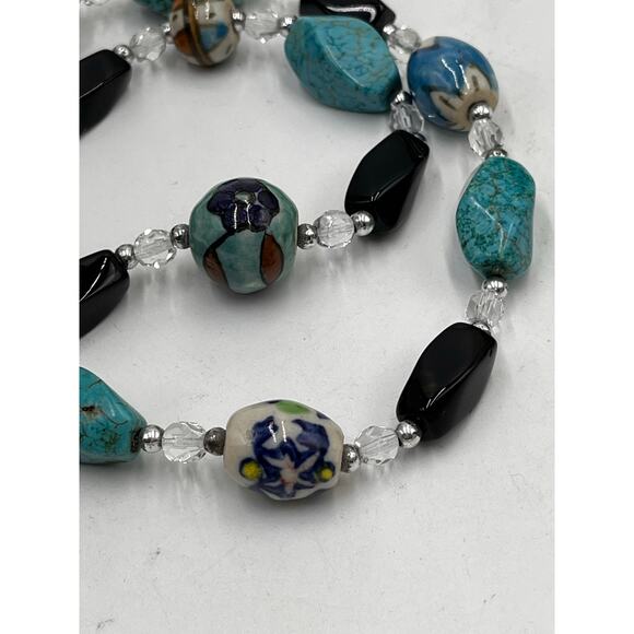 Turquoise, Black Onyx, Faceted Glass and Ceramic Beaded One Strand Necklace - Picture 6 of 12
